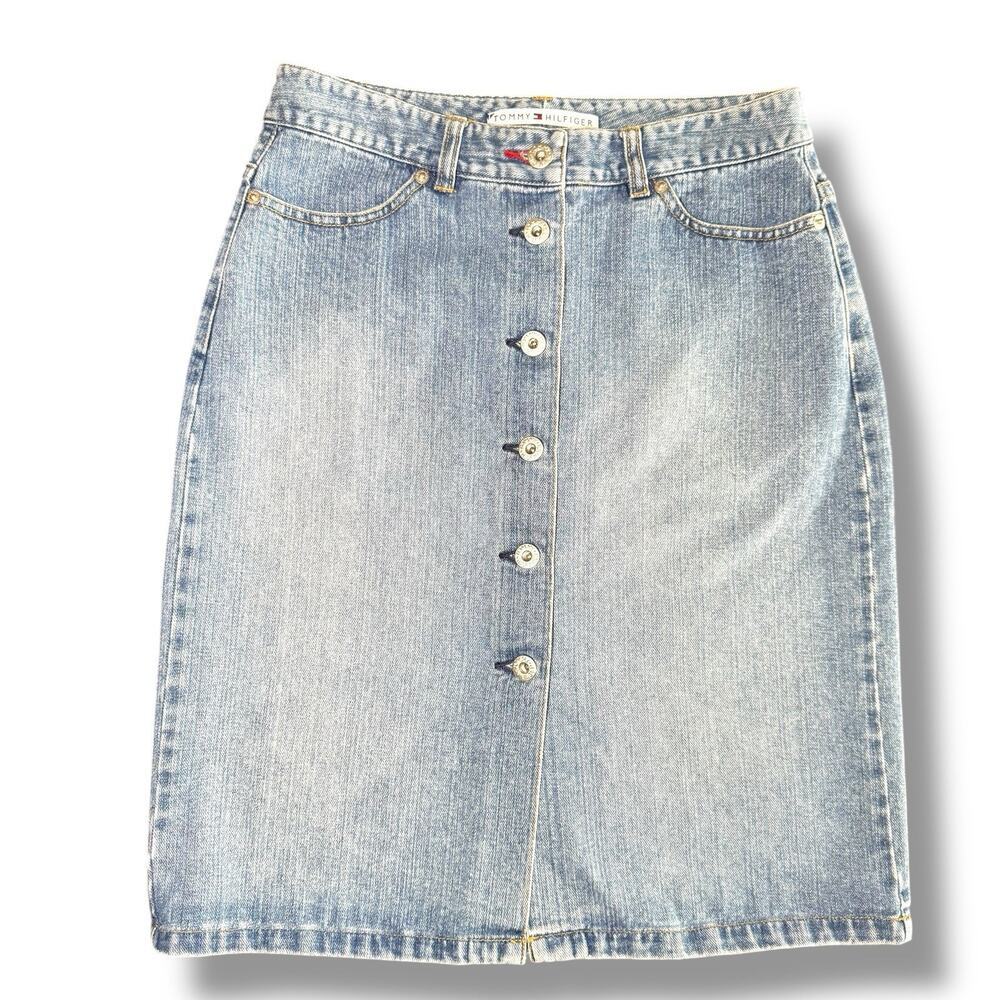 Tommy Hilfiger Skirt Sz 2 Vintage Y2K Button Front Denim Modest‎ Minimalist Work
